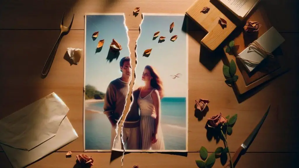 An image from a first-person perspective showing a table surface with a torn photograph of a woman and a man. The tear runs jaggedly between them, symbolizing the division endometriosis has caused in their relationship. The background of the photo suggests happier times, perhaps a vacation or a celebration, now marred by the visible rift. Scattered around the torn photo are a few dried rose petals and a faded love letter, adding to the theme of lost love and nostalgia. The lighting is soft, casting gentle shadows that highlight the photo's torn edges.