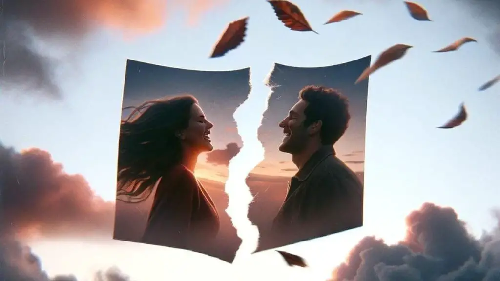 An image showing a torn photograph of a couple, floating in the air against a backdrop of a cloudy sky at dusk. The pieces of the photo are caught in a gentle breeze, drifting slowly apart. The woman and the man are captured in a moment of laughter and closeness, a poignant contrast to the separation implied by the torn photo. The clouds are tinged with the colors of sunset, symbolizing the end of a day and, metaphorically, the end of a relationship. The image evokes a sense of fleeting moments and the impermanence of relationships.