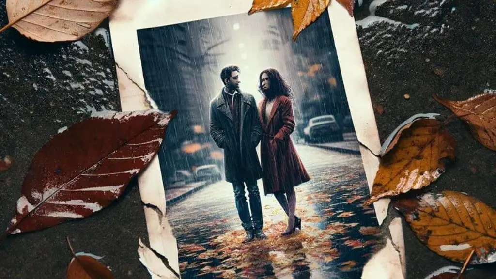 An image depicting a poignant moment where a torn photograph of a couple lies on the ground among autumn leaves. The woman and the man are separated by the tear, with their images partially covered by the fallen leaves, indicating the passage of time and the seasons of their relationship. The ground is wet from a recent rain, reflecting a bit of the sky above, adding a layer of depth and emotion to the scene. The photograph's position on the ground, trampled and forgotten, symbolizes how their once vibrant relationship has been left behind.