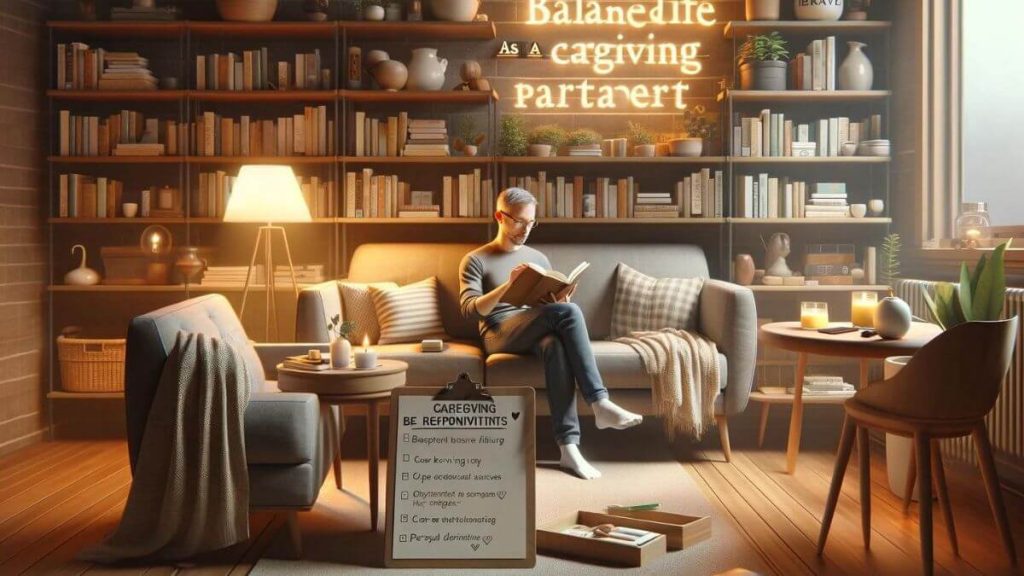 A photorealistic image titled 'balanced life as a caregiving partner' depicting a partner taking a quiet moment to read a book in a cozy nook of their home. This peaceful corner is filled with soft lighting, comfortable seating, and shelves of books, creating an inviting atmosphere for relaxation and personal growth. Next to the partner, a notepad or digital device lists caregiving responsibilities alongside personal development goals, showing the careful integration of self-improvement with caregiving duties. This image highlights the significance of intellectual and emotional nourishment in maintaining a balanced life as a caregiving partner, emphasizing the value of continuous learning and personal space.