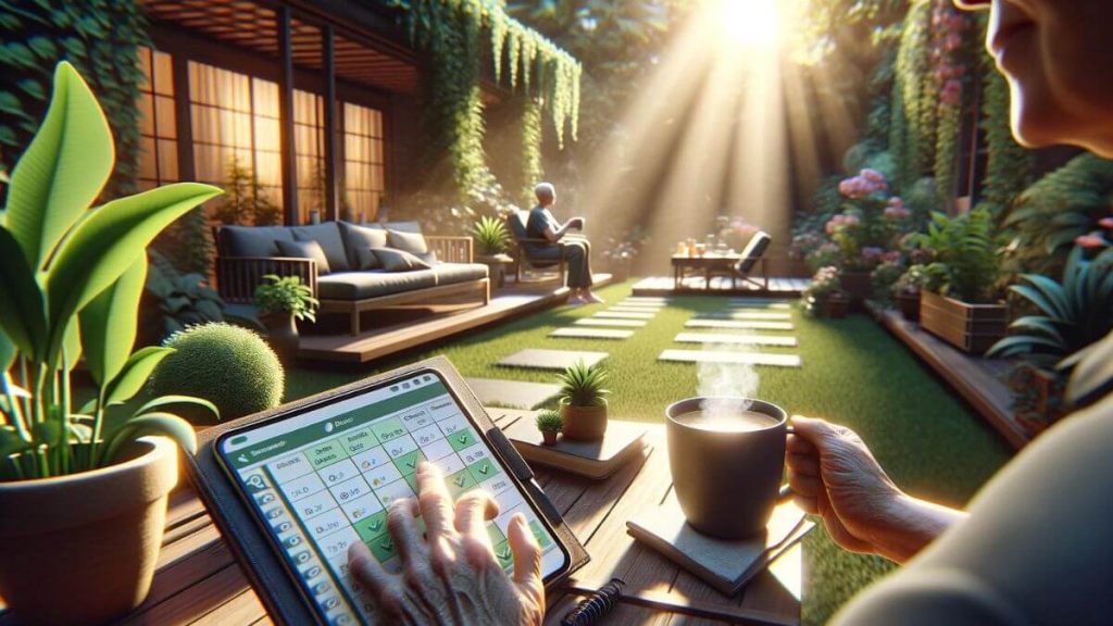 A photorealistic image titled 'balanced life as a caregiving partner' capturing a moment where a partner is having a leisurely coffee break in a sunlit garden or balcony, surrounded by greenery. The scene includes a well-used day planner or digital device displaying a balanced schedule of caregiving tasks, personal time, and work commitments. The peaceful setting and the act of enjoying a simple pleasure like coffee reflect the importance of taking breaks and finding moments of tranquility amidst the responsibilities of caregiving. This image embodies the idea of nurturing one's own well-being to sustain the energy and compassion needed for caregiving.