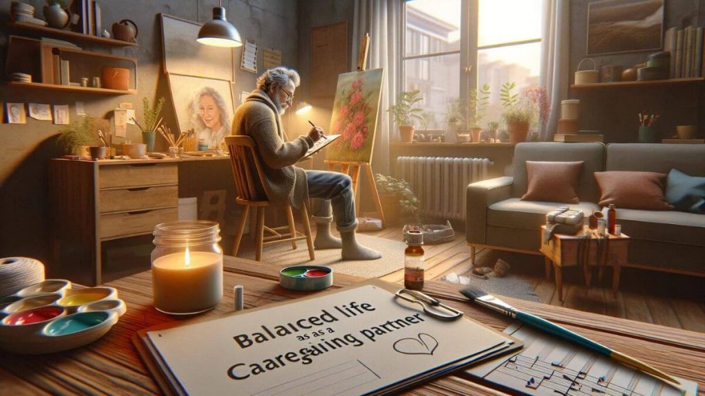A photorealistic image titled 'balanced life as a caregiving partner' depicting a partner enjoying a hobby, such as painting or playing a musical instrument, in a cozy corner of their home. The space is warm and inviting, with art supplies or musical notes scattered around, indicating a personal passion. Nearby, there's a visible reminder or a note related to caregiving responsibilities, subtly blending the aspects of personal fulfillment with the role of caregiving. This image captures the essence of finding personal joy and fulfillment while also being dedicated to the care of a loved one, highlighting the balance between self-expression and caregiving duties.