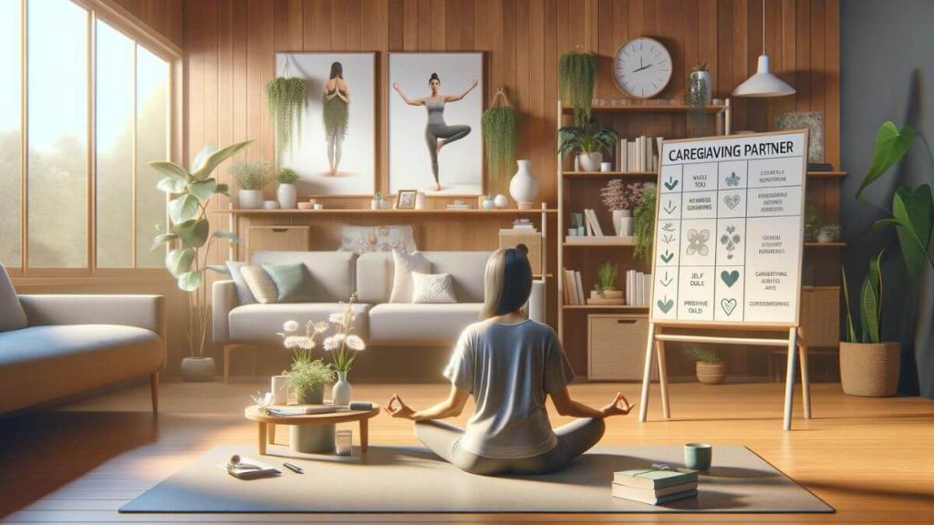 A photorealistic image titled 'balanced life as a caregiving partner' showing a partner practicing yoga in a peaceful home environment, with elements indicating their caregiving role subtly integrated into the scene. The room is filled with natural light, plants, and a serene ambiance, while in the background, there might be a schedule board highlighting caregiving tasks alongside personal goals and self-care activities. This scene represents the harmony and balance that can be achieved in life as a caregiving partner, emphasizing the importance of self-care and mindfulness in maintaining personal well-being while supporting a loved one.