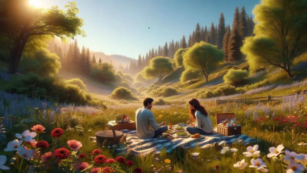 A photorealistic image capturing a couple having a picnic in a secluded meadow, surrounded by wildflowers and under a clear blue sky. The picnic scene represents a moment of relaxation and joy, essential for maintaining a positive outlook and strong bond in a marriage affected by endometriosis. The couple is sitting on a blanket, sharing a meal, and enjoying each other's company, symbolizing the importance of taking time to appreciate the simple pleasures in life together. The natural, peaceful setting enhances the sense of connection and support between them. There are no words or text in the image, focusing entirely on the visual experience of companionship and love.