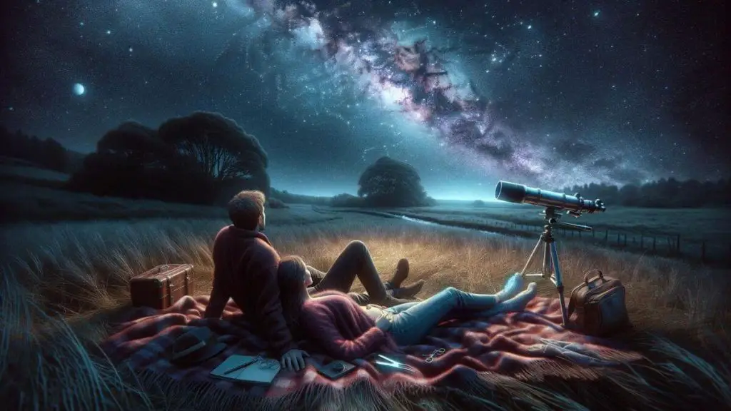 A photorealistic image showcasing a couple stargazing in a secluded field, lying on a blanket with a telescope by their side. The vast night sky filled with stars symbolizes the endless possibilities and the depth of their journey together, especially in the context of managing endometriosis. The couple's shared fascination and wonder at the cosmos reflect their ability to find beauty and hope in life's challenges. The serene and intimate setting emphasizes their connection and the support they provide each other, with no textual elements to distract from the theme of unity and exploration.