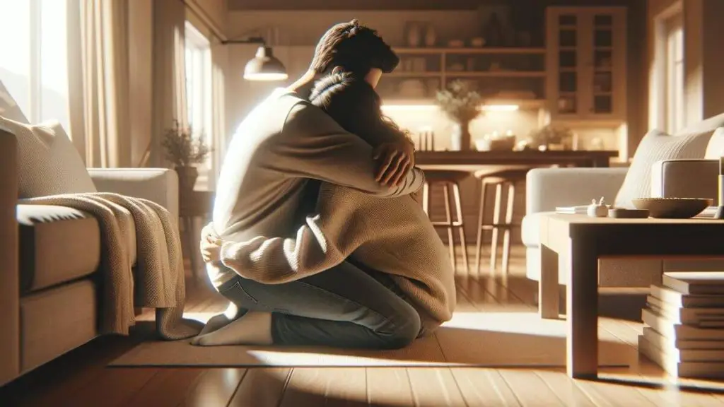 A photorealistic scene of a couple wrapped in a warm embrace at home, symbolizing the comfort and safety found in each other's presence. The living room is softly lit, with cozy furnishings that create a nurturing environment. This image reflects the deep bond and mutual support crucial for ensuring marriage stability amidst endometriosis. The focus is entirely on the couple's connection, with no words or text included, allowing the emotional depth of the moment to speak for itself.