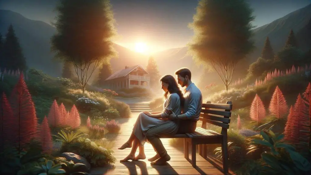 A photorealistic depiction of a couple engaging in a quiet, intimate moment together, symbolizing strong emotional support and understanding essential for ensuring marriage stability amidst endometriosis. They are sitting closely on a bench in a secluded part of a beautiful garden, surrounded by nature's calm. The setting sun casts a warm glow over the scene, emphasizing the couple's connection and the peaceful atmosphere. No text or words are visible in the image, focusing solely on the visual storytelling.