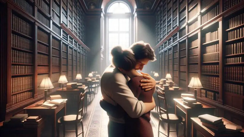 A photorealistic image of a couple sharing a heartfelt hug in a warmly lit library, surrounded by shelves filled with books. This moment captures their mutual support and comfort, essential in fostering a stable and loving relationship, particularly when facing the challenges associated with endometriosis. The library setting, with its quiet and contemplative atmosphere, symbolizes the couple's shared love for knowledge and the solace they find in each other's company. The image is devoid of any textual distractions, focusing purely on the emotional connection and the serene environment that envelops the couple.