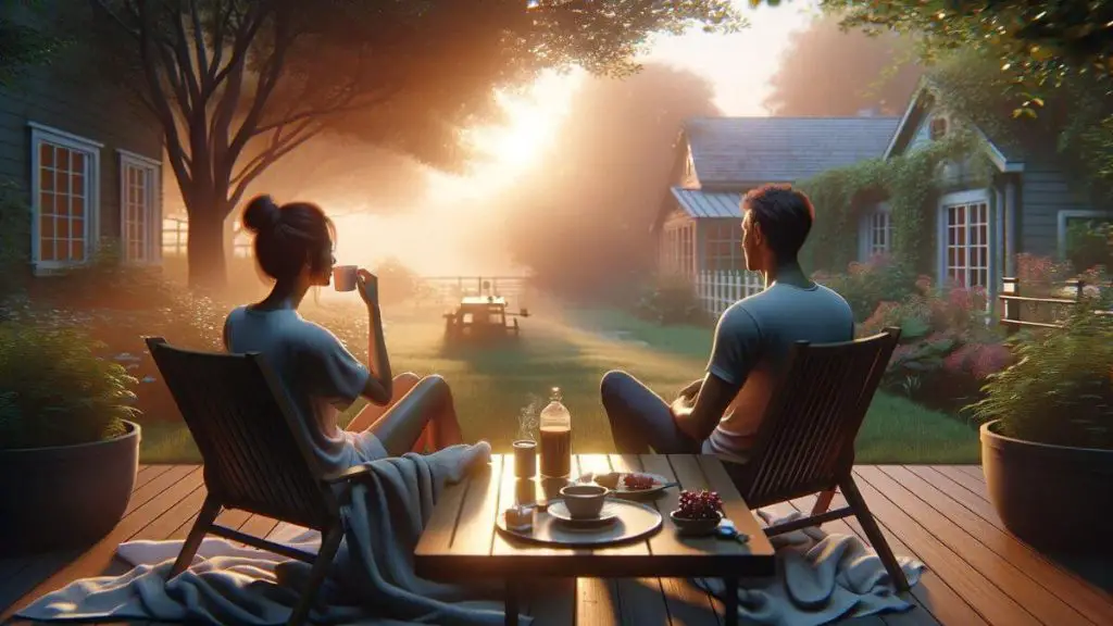 A photorealistic image of a couple enjoying a serene morning together in their backyard, sipping coffee and watching the sunrise. This peaceful moment signifies the importance of finding calm and comfort in each other's company, crucial for sustaining a marriage through the trials of endometriosis. The early morning light bathes the scene in a soft glow, emphasizing a new beginning and the continuous support they provide each other. The backyard setting, with its natural beauty and quiet, highlights the couple's shared moments of tranquility. There are no words or text in the image, focusing purely on the couple's shared experience.