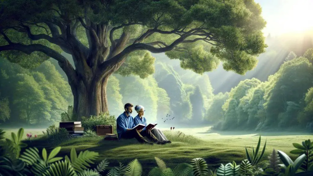 A photorealistic image of a couple sitting side by side, reading a book together under a large oak tree in a lush, green park. The serene park setting represents a peaceful retreat, emphasizing the importance of shared quiet moments in ensuring marriage stability amidst endometriosis. The couple is engrossed in the book, symbolizing their shared journey of learning and growth. The natural surroundings and the act of reading together without any distractions highlight the couple's connection and support for each other. No text or words are visible in the image, focusing solely on the visual storytelling.