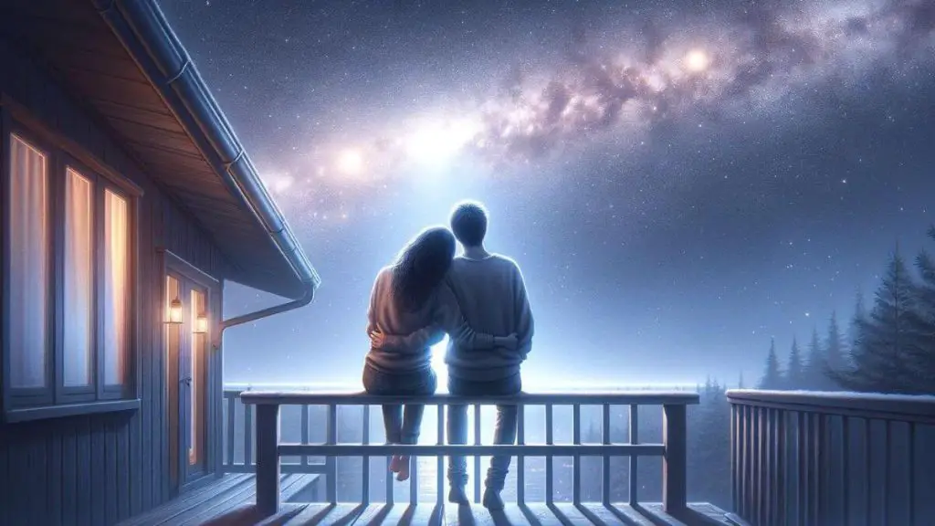 A photorealistic image capturing a couple sharing a quiet moment, looking at the stars from the balcony of their home. The starry sky represents the vast possibilities and the enduring nature of their bond, vital in ensuring marriage stability amidst endometriosis. The couple is depicted in a comfortable embrace, suggesting a deep sense of understanding and togetherness. This scene is free from any textual elements, allowing the peaceful night and the couple's closeness to convey the message of unity and support.