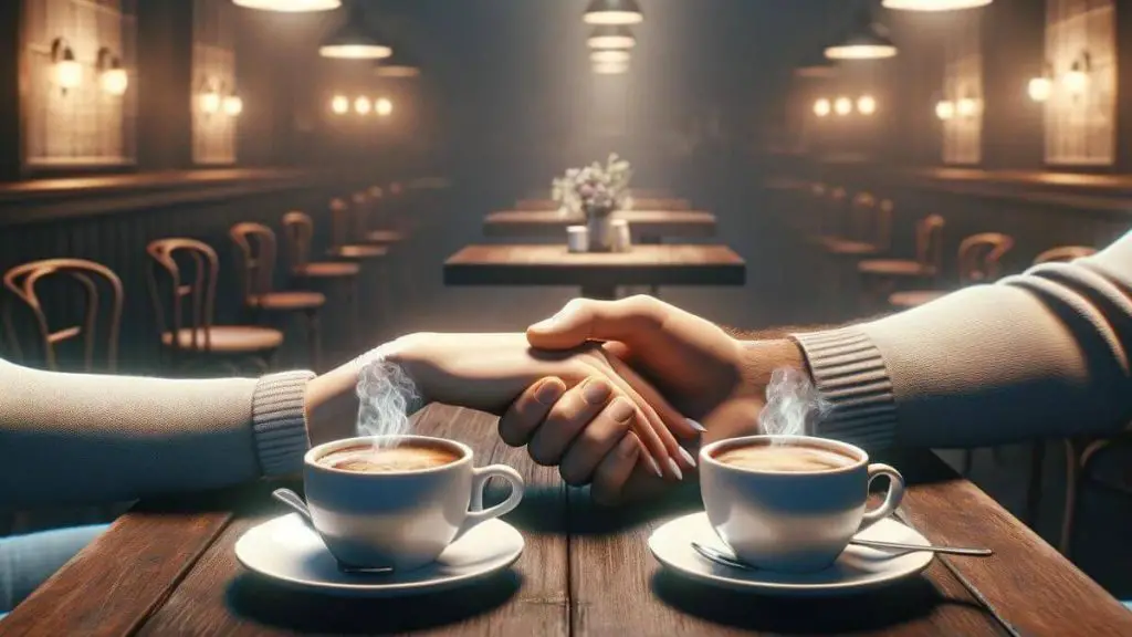 A photorealistic image showing a couple holding hands across a table at a cozy café, with two steaming cups of coffee in front of them. The scene is imbued with warmth and closeness, reflecting the couple's commitment to supporting each other through life's challenges, including endometriosis. The café's intimate setting, with its soft lighting and comfortable surroundings, enhances the sense of security and togetherness. There are no words or text in the image, allowing the visual narrative to convey the theme of ensuring marriage stability amidst endometriosis.