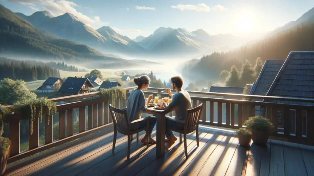 A photorealistic image depicting a couple enjoying a quiet breakfast together on a balcony overlooking a scenic view of the mountains. The peaceful morning setting with the breathtaking landscape symbolizes the couple's shared moments of tranquility and reflection, which are vital for maintaining balance and harmony in their relationship amidst the challenges of endometriosis. The act of sharing a meal in such an inspiring setting reflects their commitment to nurturing their bond and finding strength in each other. The image focuses on the couple and the natural beauty around them, with no text to ensure the emphasis remains on their connection and the serene atmosphere.