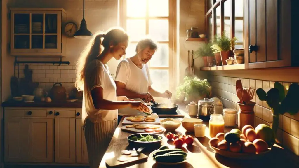 A peaceful morning scene in a sunny kitchen, where a woman with two chronic diseases is preparing breakfast with the help of her partner. The sunlight streams through the window, casting a warm glow over the fresh ingredients on the counter. They share a quiet moment of connection and teamwork, turning a simple daily routine into an opportunity for bonding and support. The kitchen is filled with the sounds of sizzling, the aroma of coffee, and the warmth of shared laughter, encapsulating the theme of 'loving a woman with two chronic diseases' and the beauty of finding joy in life's everyday moments.