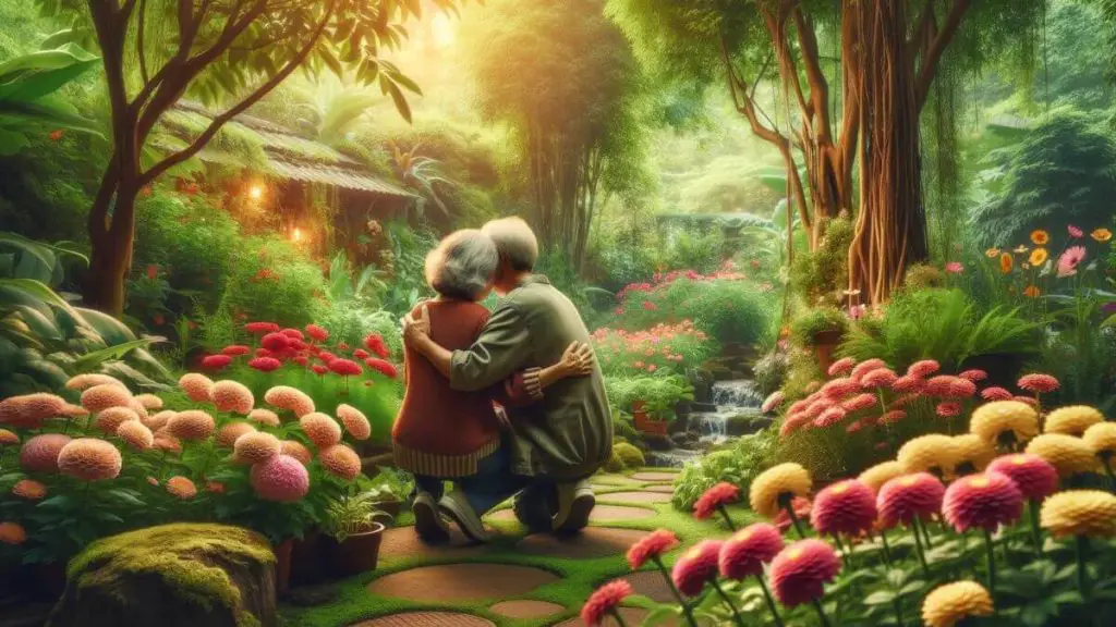 A heartwarming moment in a lush garden filled with vibrant flowers, symbolizing growth and resilience. In this serene environment, a couple shares a gentle embrace, surrounded by the beauty of nature. The woman, living with two chronic diseases, finds solace in the tranquil surroundings, supported by her partner's loving presence. This scene captures the essence of 'loving a woman with two chronic diseases', highlighting the power of nature's healing presence and the strength found in compassionate companionship.