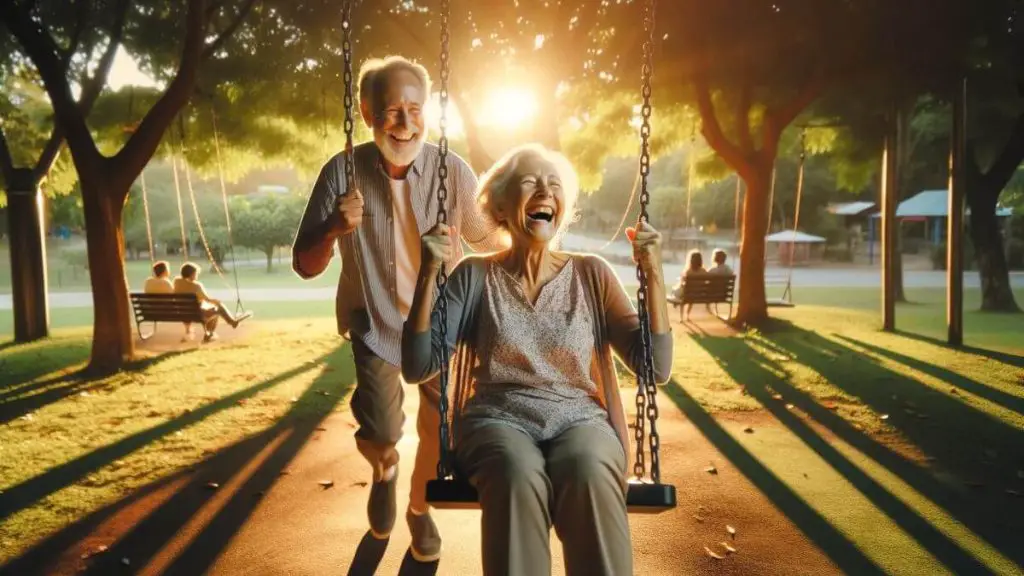 An uplifting scene at a local park where a woman with two chronic diseases is laughing joyously on a swing, pushed gently by her partner. The park is bathed in the golden light of the late afternoon sun, casting long shadows and highlighting the joyful expressions on their faces. Around them, the park is alive with the sounds of nature and the laughter of others, creating an atmosphere of communal joy and resilience. This image reflects the theme of 'loving a woman with two chronic diseases', portraying moments of light-heartedness and the ability to find happiness in everyday pleasures despite life's challenges.