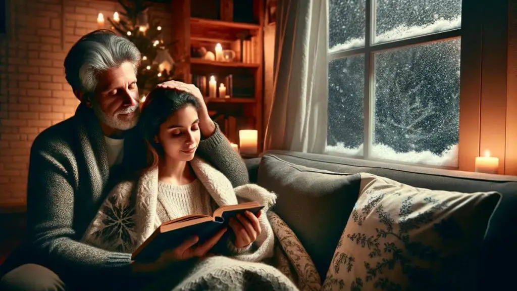 A cozy winter evening scene, where a woman with two chronic diseases is nestled under a warm blanket on the couch, deeply engrossed in a captivating book. Her partner, seated next to her, is gently stroking her hair, providing comfort and a sense of security. The room is aglow with the soft light from a nearby lamp, casting a warm ambiance that complements the peaceful snowfall visible through the window. This image embodies the theme of 'loving a woman with two chronic diseases', highlighting the quiet, nurturing moments of care and companionship that strengthen the bond between partners.
