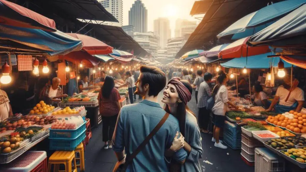 A vibrant outdoor scene at a bustling city market, where a woman with two chronic diseases is exploring the colorful stalls with her partner. The market is alive with the energy of vendors and shoppers, offering an array of sights, sounds, and scents. Despite the crowd, the couple shares a moment of connection, with the woman leaning on her partner for support as they share a laugh. This image captures the essence of 'loving a woman with two chronic diseases', portraying the joy of shared experiences and the strength of supporting each other in navigating through crowded and challenging environments.