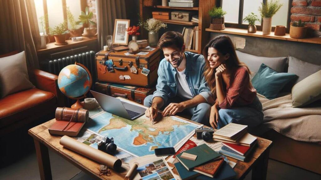 A couple planning their future together, sitting at a table with a map, travel guides, and a laptop. They are in a cozy home environment, surrounded by mementos of their past adventures. The scene is filled with excitement and anticipation as they discuss potential destinations and dreams. This image symbolizes the journey of shared aspirations and the planning of new experiences, highlighting the importance of mutual goals and the joy of exploring the world together. It reflects the couple's adventurous spirit and their commitment to building a future filled with memorable moments.