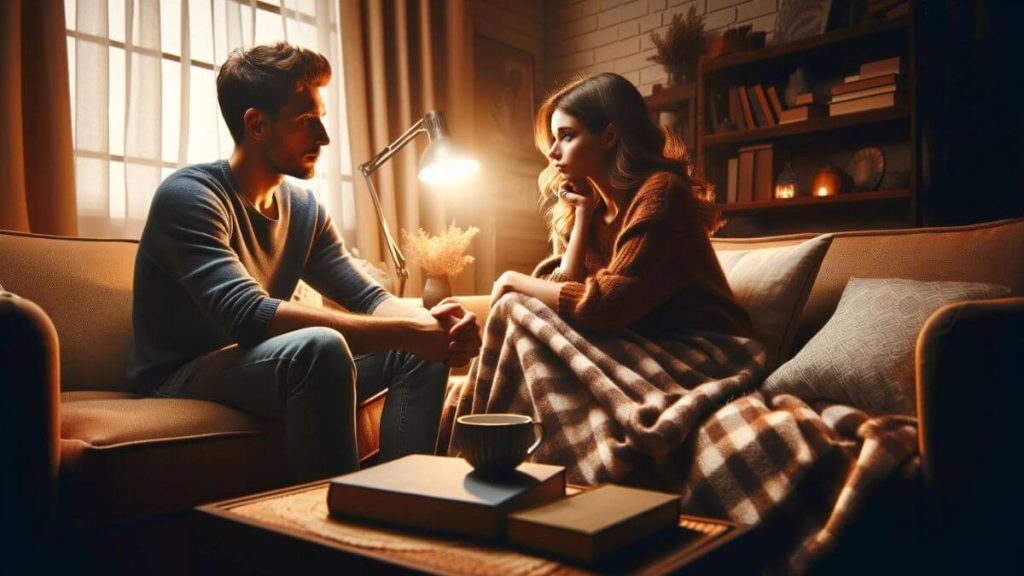 An intimate moment of a couple sitting on a cozy couch with a warm blanket, engaged in a deep conversation. The room is softly lit, suggesting a comforting and safe space. There are books and a cup of tea on a small table nearby, adding to the atmosphere of warmth and relaxation. The expressions on their faces show empathy and understanding, highlighting the importance of communication and emotional support in a relationship. This image represents the idea of creating a supportive environment where both individuals feel heard and valued.