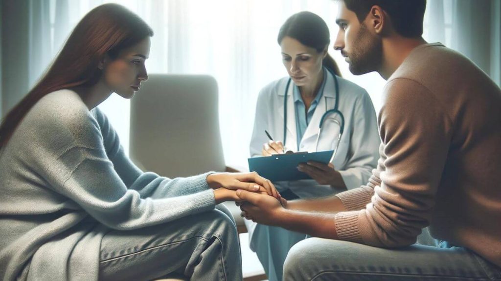 A supportive scene where one partner is gently holding the other's hand, offering comfort during a medical consultation. The room is filled with soft, soothing colors, and the medical professional, depicted in a non-specific way to maintain a focus on the couple, is presenting information with a compassionate demeanor. The couple's faces reflect concern but also a strong bond and trust in each other. This image symbolizes the journey of facing health challenges together, underscoring the theme of partnership and mutual support in navigating medical decisions and treatments.
