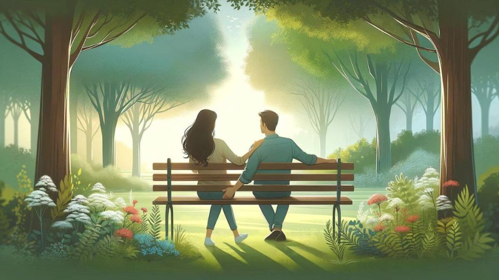 A couple enjoying a peaceful moment together outdoors, sitting side by side on a park bench. They are surrounded by a lush green park, with tall trees and a variety of flowers. The scene is serene, with a gentle breeze and soft sunlight creating a tranquil atmosphere. They are holding hands, lost in conversation, symbolizing their journey of shared experiences and moments of calm amidst life's challenges. This image reflects the importance of finding time for each other and appreciating the simple joys of nature and companionship.