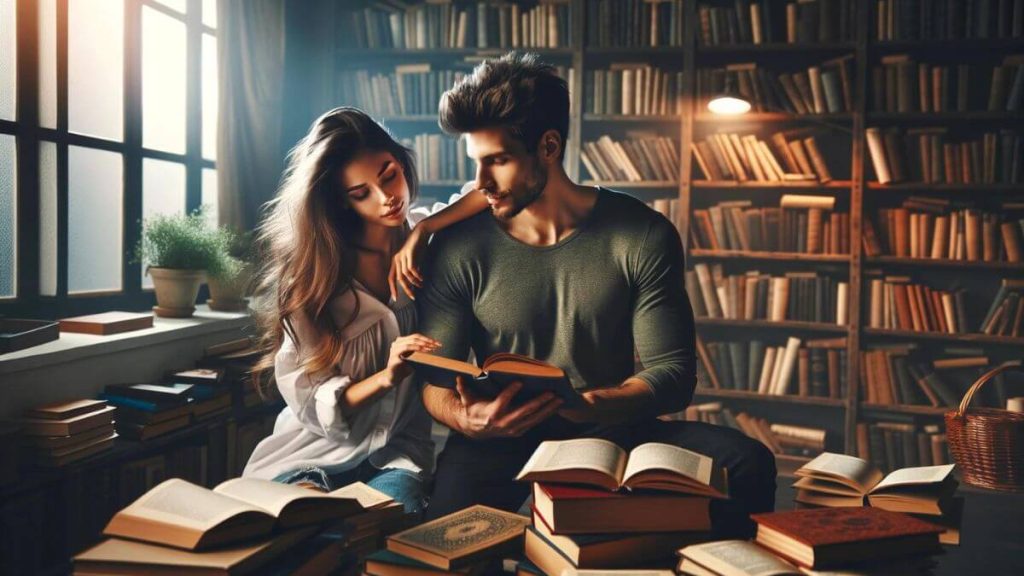 A couple deeply engrossed in reading books together in a cozy home library. The room is filled with shelves of books, a comfortable reading nook, and soft lighting, creating an atmosphere of intellectual curiosity and shared interests. They are exchanging thoughts and discussing the books, highlighting the bond of learning and growing together. This scene represents the couple's journey of exploration, both of the world around them and of each other's minds, fostering a deep connection through shared knowledge and curiosity.