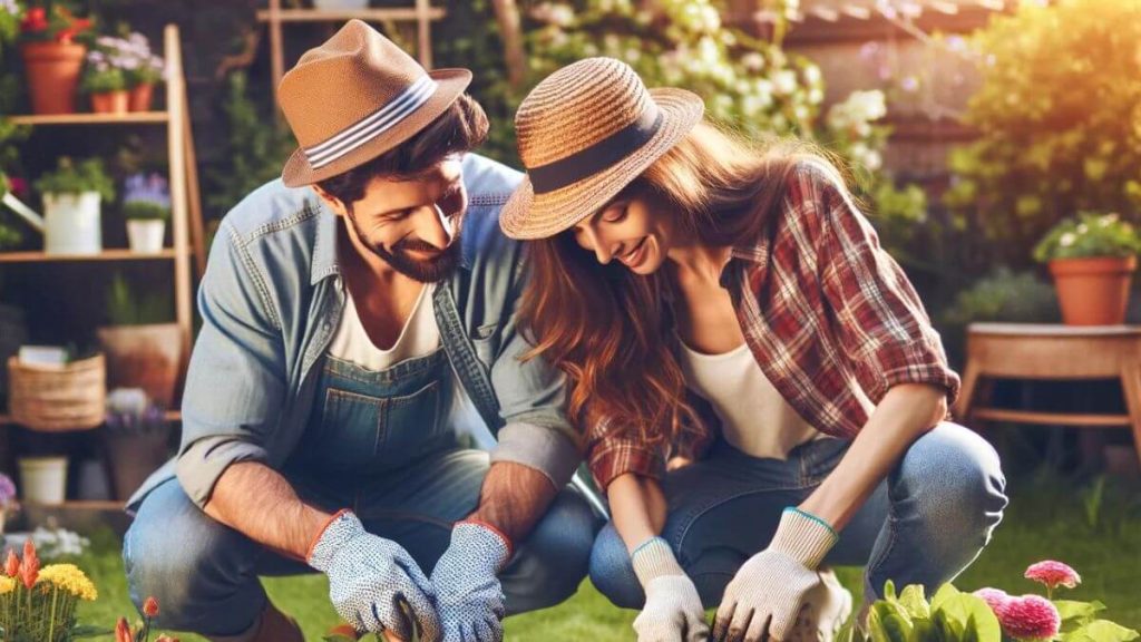 A couple working together on a garden project, planting flowers and vegetables in their backyard. They are wearing casual gardening attire, with gloves and hats to protect from the sun, and surrounded by gardening tools and pots of various plants. The scene captures their teamwork and the joy of nurturing life together, symbolizing growth and the shared labor of love. This image represents the couple's commitment to creating a beautiful and sustainable environment together, reflecting the values of care, patience, and collaboration in their relationship.