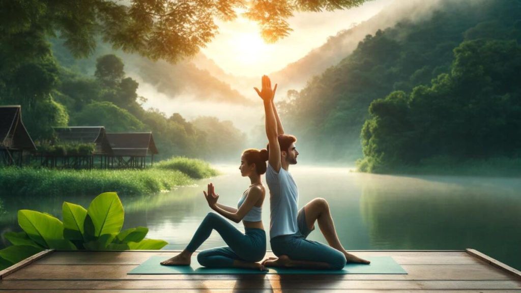 A couple practicing yoga together in a peaceful outdoor setting, surrounded by nature. They are in a harmonious pose, symbolizing balance and unity. The backdrop features a tranquil lake, lush greenery, and a soft morning light that adds a calming atmosphere to the scene. This image captures the essence of shared physical and spiritual wellness, emphasizing the importance of harmony and mindfulness in their relationship. It represents the couple's journey towards inner peace and connection with each other and the natural world.