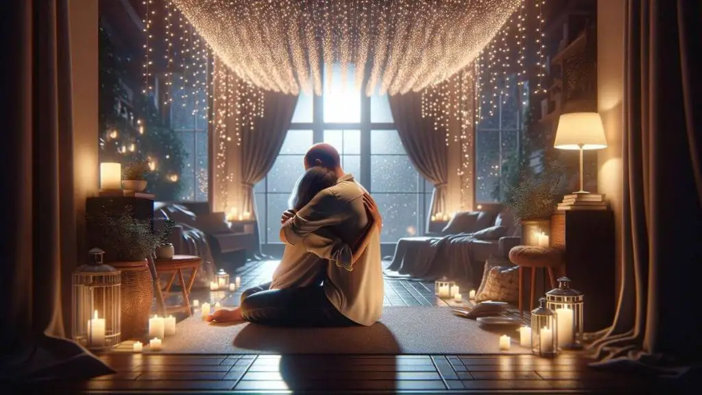 A photorealistic image depicting a couple embracing in a comforting hug under a canopy of twinkling fairy lights during a serene evening at home. This intimate moment symbolizes the couple's enduring love and mutual support, key elements in overcoming marital challenges posed by endometriosis. The soft lighting and cozy setting convey a sense of peace and security, emphasizing the couple's sanctuary in each other's presence. The surrounding area is subtly adorned with elements that suggest a nurturing and loving environment. There are no words or text in the image, allowing the focus to be solely on the couple's emotional connection and the warmth of their shared space.