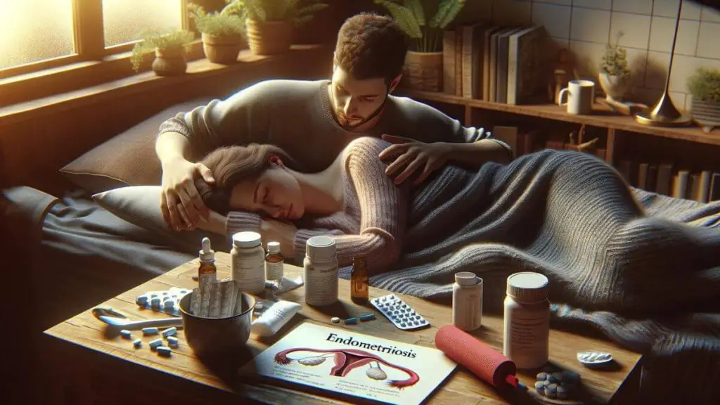 A photorealistic image illustrating a couple at home, with one partner resting due to endometriosis discomfort, and the other providing comfort and care. The setting is intimate and nurturing, highlighting the impact of endometriosis on daily life and the importance of support and understanding in the relationship. Visible are comforting items like a hot water bottle, medication, and informative literature about endometriosis, underscoring the reality of living with the condition. The focus is on the couple's caring interaction and the supportive environment they create together, with no textual distractions, emphasizing the theme of compassion and resilience in facing endometriosis challenges together.