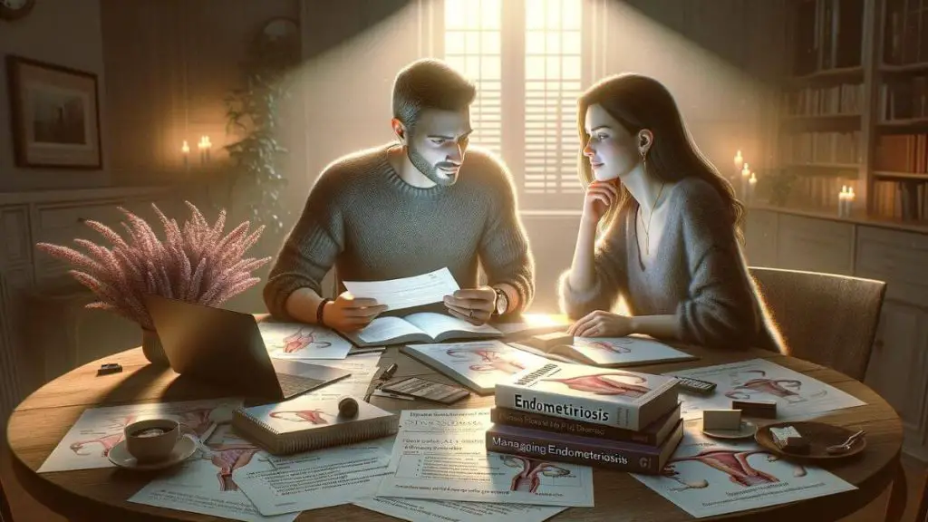 A photorealistic image capturing a couple planning their future together, sitting at a table surrounded by notes, a laptop, and books related to managing endometriosis. This scene emphasizes the importance of strategic planning and mutual support in overcoming marital challenges posed by endometriosis. The couple appears engaged and focused, symbolizing their dedication to navigating the condition together and their commitment to a shared vision for their future. The setting is warm and inviting, reflecting a sense of hope and determination. No text is included, allowing the focus to remain on the couple's collaborative effort and the intimate setting of their planning session.
