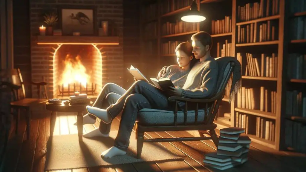 A photorealistic image of a couple sharing a quiet evening reading together by a fireplace, symbolizing the comfort and peace they find in each other's company, vital in overcoming marital challenges posed by endometriosis. The warm glow of the fire and the cozy setting with comfortable chairs and books create an atmosphere of intimacy and relaxation. This scene emphasizes the importance of quiet companionship and shared interests in maintaining a strong and supportive relationship. The focus is on the couple's relaxed interaction and the soothing environment, with no text to ensure the scene remains pure and undistracted, highlighting their bond and mutual support.