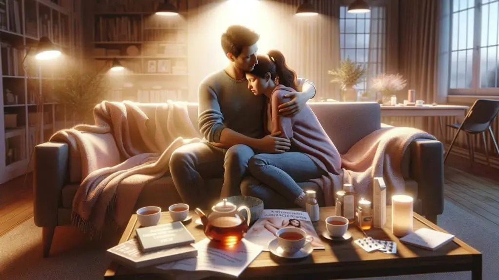 A photorealistic image of a couple sharing a moment of solace and understanding, with one partner comforting the other during a difficult endometriosis flare-up. The setting is their living room, made cozy with soft lighting and comfortable furnishings, creating a safe and nurturing space. Visible are items that suggest care and comfort, such as blankets, tea, and books about managing endometriosis. This scene highlights the emotional support and deep understanding between the partners, essential in overcoming marital challenges posed by endometriosis. The focus is on the couple's emotional connection and the supportive environment, without any textual elements to maintain the intimacy of the moment.
