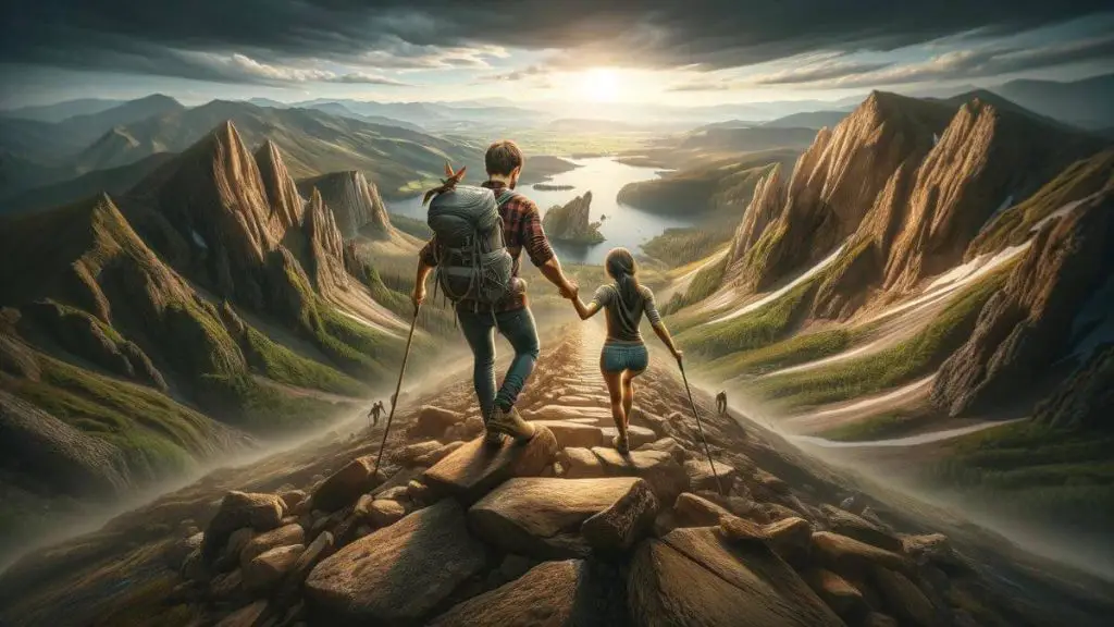A photorealistic image of a couple exploring a scenic hiking trail together, symbolizing their journey through life and the challenges they face, including those posed by endometriosis. The rugged terrain of the trail and the beauty of the natural landscape reflect the complexities and the beauty of their relationship. Their side-by-side walking, helping each other over obstacles, signifies their support and commitment to each other. The image captures the essence of partnership and perseverance, with the focus on the couple's adventure and the stunning scenery around them, without any textual distractions.