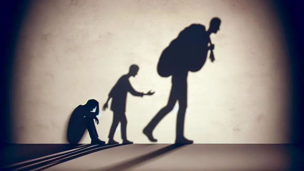 A conceptual image expressing 'The Impact of Endometriosis on Spouses' through a visual of a couple casting shadows on a wall. Their shadows are depicted in a way that one seems to be carrying a heavy burden on its back, symbolizing the weight of endometriosis, while the other shadow reaches out, offering support and strength. This portrayal aims to capture the emotional and psychological toll of endometriosis on the affected spouse and the vital role of the supporting partner in providing comfort and understanding. The background is minimalist, focusing the viewer's attention on the poignant interaction between the shadows, emphasizing the unseen yet profound impact of the condition on both individuals in the relationship.