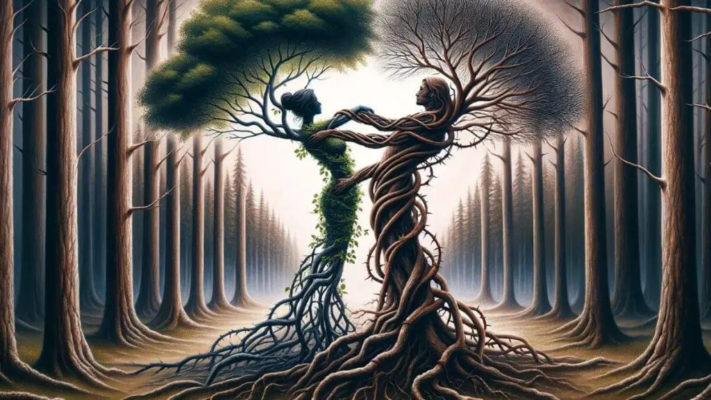 A symbolic image depicting 'The Impact of Endometriosis on Spouses' through the concept of two trees growing closely together in a forest. One tree is robust and extends its branches towards the other, which is entangled with thorny vines, representing the physical and emotional struggles of endometriosis. The intertwining of their branches symbolizes the deep connection and support between spouses, while the contrast in their health reflects the challenges they face due to the condition. The forest around them is serene, suggesting that despite the difficulties, the strength of their bond provides a sanctuary of support and understanding.