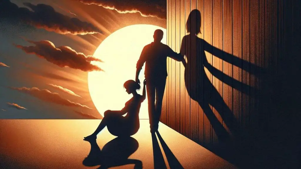 An emotive illustration capturing 'The Impact of Endometriosis on Spouses' through the imagery of a couple's shadow cast against a wall during sunset. The shadow depicts the couple in a supportive posture, with one partner leaning on the other, signifying the strain and reliance for support due to endometriosis. The setting sun casts a warm yet fading light, symbolizing the hope and warmth in their relationship despite the challenges. The long shadows reflect the enduring journey they face together, emphasizing the depth of their bond and the resilience required to navigate the complexities of life with endometriosis. This image conveys a message of solidarity and enduring love in the face of adversity.