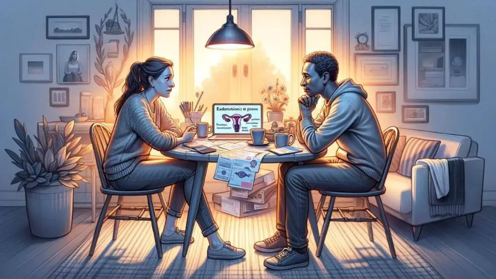 An illustrative depiction focused on 'The Impact of Endometriosis on Spouses,' showing a couple sitting across from each other at a small table, engaged in a deep conversation. The table is strewn with a mix of medical documents, a laptop displaying endometriosis resources, and comforting elements like a shared cup of tea. The expressions on their faces convey a mix of concern, understanding, and compassion, highlighting the emotional dialogue and the effort to comprehend the complexities of endometriosis together. The room around them is cozy and inviting, suggesting a safe space for open communication, with soft lighting casting a warm glow, emphasizing the theme of support and mutual care within the relationship amidst the challenges posed by endometriosis.