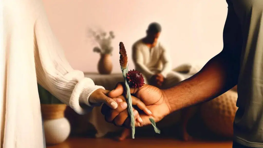 A heartfelt representation of 'The Impact of Endometriosis on Spouses' depicted through the image of a couple's intertwined hands, one hand gently holding a wilted flower, symbolizing the pain and fragility associated with endometriosis. The other hand, strong and supportive, envelopes the first, embodying the strength and protection offered by the spouse. The background is a soft, blurred setting of their shared living space, filled with elements of their life together, subtly indicating the ongoing support and care that permeates their daily lives. This image captures the tender moments of support and understanding that are crucial in navigating the challenges posed by endometriosis in a marriage.