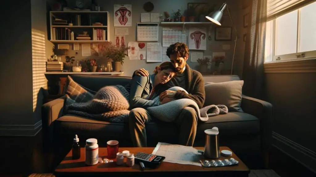 An empathetic portrayal of 'The Impact of Endometriosis on Spouses' through a visual narrative set in a home environment. The image captures a poignant moment between a couple, where one partner is visibly in pain and discomfort from endometriosis, curled up on a couch with a heating pad. The other partner, looking concerned and supportive, sits beside them, offering comfort with a gentle touch and a concerned expression. The room is filled with subtle indicators of a life affected by endometriosis, such as medical books on the shelf, prescription bottles on the table, and a calendar marked with doctor's appointments. The lighting is soft and warm, highlighting the emotional support and understanding between the spouses, despite the challenging circumstances imposed by endometriosis.