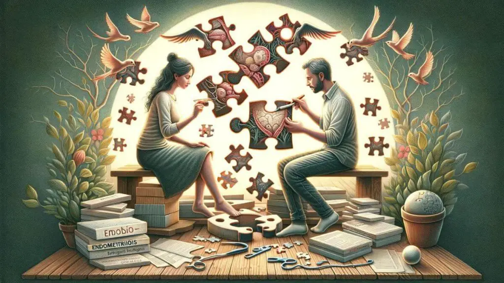 An illustrative scene conveying 'The Impact of Endometriosis on Spouses' through the depiction of a couple building a puzzle together. The puzzle represents their life journey, with some pieces fitting perfectly, symbolizing the joyful and harmonious moments. Other pieces are scattered around, some with thorny edges, representing the challenges and obstacles introduced by endometriosis. The couple's focused and determined expressions, along with their cooperative efforts, highlight the shared commitment to overcoming these challenges. This image underscores the importance of partnership, patience, and collective problem-solving in navigating the complexities of life affected by endometriosis, emphasizing the strength found in unity.