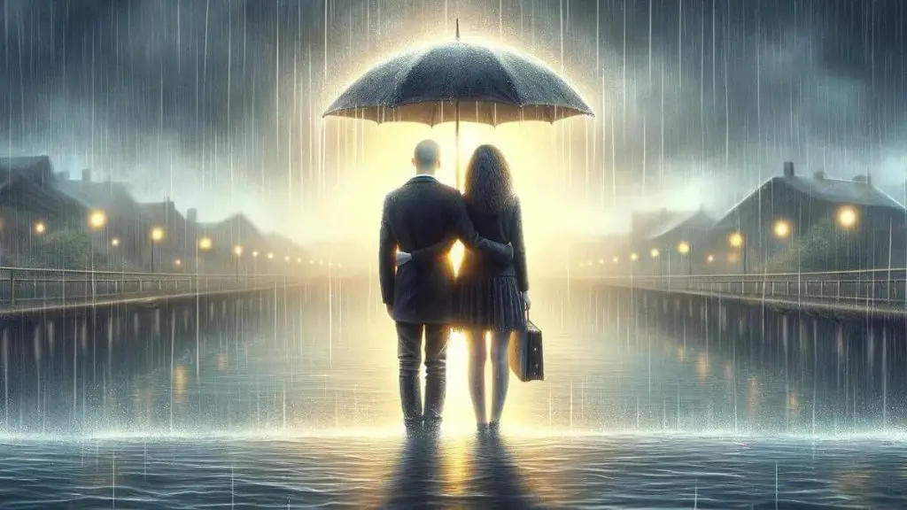 A poignant visual representation capturing 'The Impact of Endometriosis on Spouses' through the image of a couple standing in the rain under a single umbrella. The rain is heavy, symbolizing the challenges and struggles brought on by endometriosis, but the umbrella, held jointly by both, signifies the shared protection and support they provide each other. The couple's posture and the way they lean into each other reflect their resilience and unity in facing the condition together. The background is a blurred cityscape, emphasizing the personal and intimate nature of their struggle amidst the wider world. This image highlights the emotional and practical support spouses offer each other in navigating the complexities of life with endometriosis.