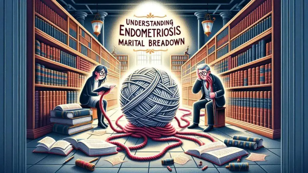 An informative illustration to enhance 'Understanding Endometriosis Marital Breakdown.' It features a library scene with two characters: one surrounded by books and scrolls about endometriosis, symbolizing the quest for knowledge, and the other looking confused and overwhelmed by a large, tangled ball of yarn, representing the complexity of endometriosis. The yarn extends between them, suggesting the condition's role as both a barrier and a topic needing unraveling within their relationship. The backdrop of the library, filled with light and shadows, signifies the journey from darkness to enlightenment, emphasizing the crucial role of education and understanding in navigating the challenges posed by endometriosis in a marriage.