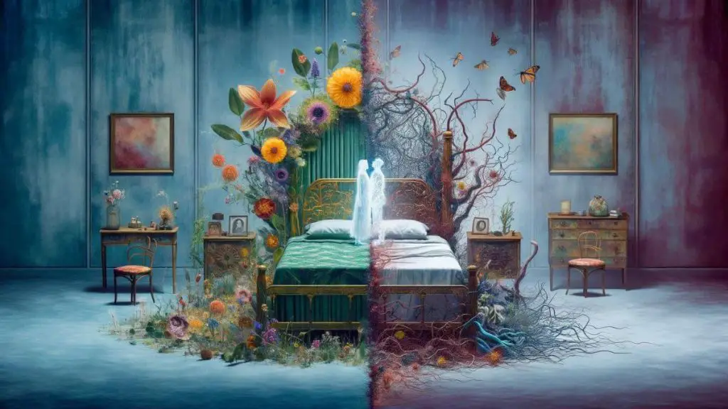 A visual narrative aimed at deepening 'Understanding Endometriosis Marital Breakdown.' The scene unfolds in a surreal, dreamlike bedroom where the furniture and decor gradually transition from vibrant and harmonious on one side, to withered and disjointed on the other, mirroring the impact of endometriosis on a couple's relationship. The bed, once a symbol of intimacy, is split down the middle, with one half flourishing with life and the other half entangled in thorny vines and fading colors, representing the intrusion of endometriosis into their private lives. Ethereal figures of the couple stand on either side of the divide, reaching out but unable to bridge the growing gap, encapsulating the emotional distance that endometriosis can create.