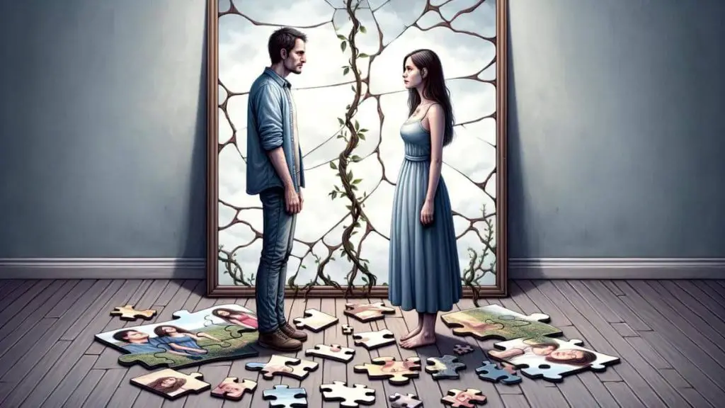 A poignant visual story that encapsulates 'Understanding Endometriosis Marital Breakdown.' The image captures a couple standing in front of a large, cracked mirror. The reflection shows them as they were before endometriosis affected their relationship - close, with intertwined hands and smiling faces. However, in reality, they stand apart, with their expressions filled with concern and sadness, symbolizing the current state of their relationship. Between them on the floor lies a scattered puzzle, which they were trying to piece together - each piece representing different aspects of their life and relationship. The incomplete puzzle, with some pieces missing and others covered by thorny vines, metaphorically represents the challenges and gaps endometriosis has created in their bond. This visual narrative highlights the contrast between past happiness and present struggles, underscoring the emotional journey couples undergo in facing the realities of endometriosis.
