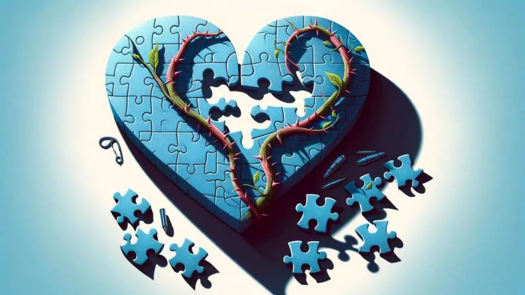 A visual metaphor to foster 'Understanding Endometriosis Marital Breakdown.' The artwork displays a heart-shaped puzzle, half completed with pieces fitting perfectly together, symbolizing a strong marital connection. The other half of the puzzle is incomplete, with missing pieces and some pieces covered in thorny vines, representing the challenges and gaps introduced by endometriosis. The incomplete side casts a shadow that forms a question mark, suggesting the confusion and uncertainty that often accompany endometriosis in a marriage. This image serves as a poignant reminder of the complexities and the need for empathy, support, and understanding in navigating the impact of endometriosis on marital relationships.