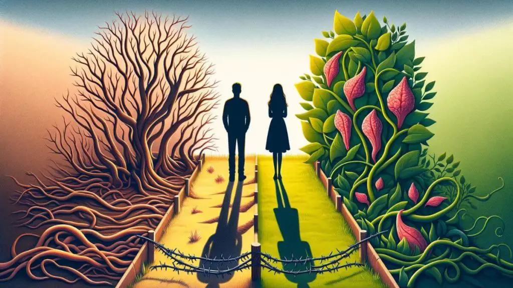 An educational illustration designed to elucidate the concept of 'Understanding Endometriosis Marital Breakdown.' The image features a split view: one side of the canvas illustrates a healthy, vibrant relationship, symbolized by a flourishing garden with two figures standing close together, their shadows intertwined. The other side depicts the same garden, but withered and overgrown with thorny vines representing endometriosis, creating a barrier between the two figures, now standing apart with a noticeable gap between their shadows. This stark contrast visually communicates the destructive impact of endometriosis on relationships, highlighting the need for awareness and understanding to navigate the challenges it presents to marital harmony.
