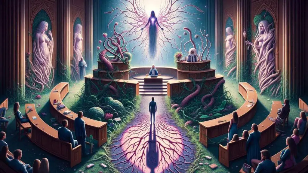 An allegorical representation aimed at fostering 'Understanding Endometriosis Marital Breakdown.' The scene is set in an otherworldly courtroom, where a couple stands before a judge who is an ethereal figure, embodying wisdom and empathy. The courtroom is filled with symbolic elements: one side is lush and vibrant, representing the couple's life before endometriosis, while the other side is barren and entangled with thorny vines, depicting the havoc wrought by the condition. The couple's shadows on the floor merge into a single, fractured heart, highlighting the emotional and physical toll of endometriosis on their union. This imaginative setting serves as a metaphor for the trial and tribulations couples face when dealing with endometriosis, underscoring the importance of understanding and support in navigating these challenges.