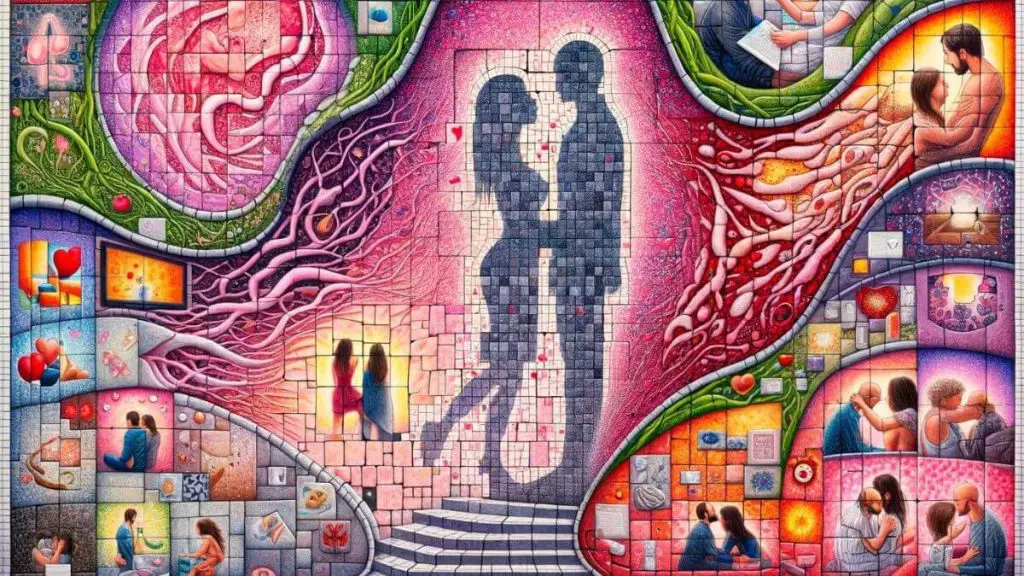 An illustrative portrayal aimed at shedding light on 'Understanding Endometriosis Marital Breakdown.' The composition is centered around a mosaic wall where each tile depicts a different phase or aspect of a couple's life together. The left side of the mosaic is vibrant and cohesive, showing scenes of love, companionship, and shared dreams. However, as the eye moves towards the right, the tiles become disjointed and are gradually overrun by a creeping pattern that mimics the cellular structure of endometriosis, symbolizing the disruption and pain it brings into the relationship. Some tiles are cracked or missing, representing lost moments and the emotional gaps that the condition can create. This artistic metaphor serves to highlight the profound and multifaceted impact of endometriosis on marriages, emphasizing the importance of empathy, communication, and shared understanding in confronting the challenges it poses.